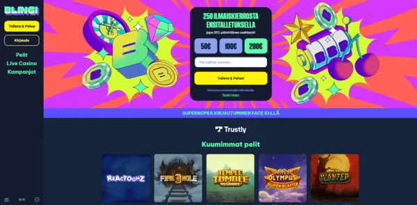 Blingi Casino etusivu — 250 ilmaiskierrosta ja 20 % cashback